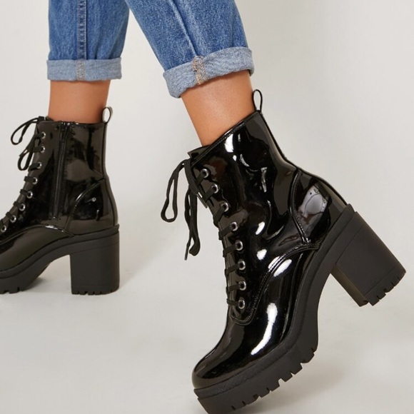 Shoes - Black Faux Leather Cambat Boots